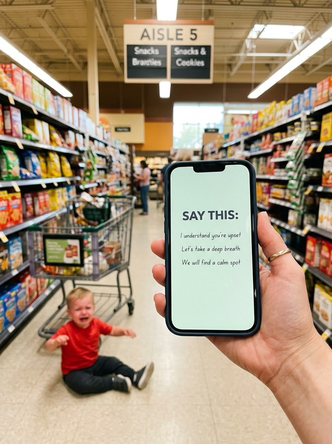 Mom holding her phone with a calming script in a grocery aisle while her toddler has a meltdown